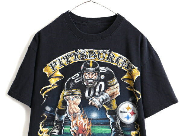 90s 人気 黒 ■ NFL ピッツバーグ スティーラーズ プリント 半袖 Tシャツ ( メンズ L 程) 古着 90年代 オールド アメフト フットボール