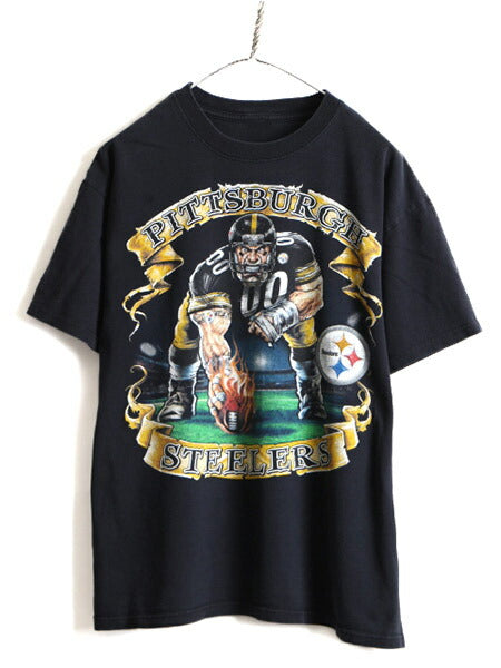 90s 人気 黒 ■ NFL ピッツバーグ スティーラーズ プリント 半袖 Tシャツ ( メンズ L 程) 古着 90年代 オールド アメフト フットボール