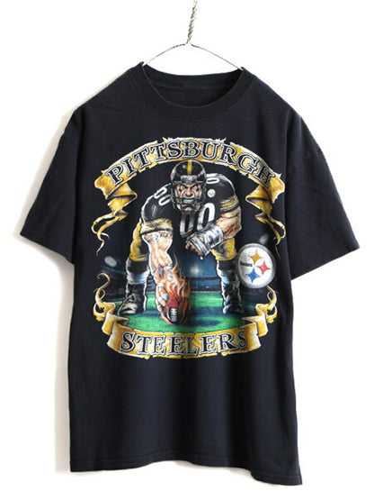 90s 人気 黒 ■ NFL ピッツバーグ スティーラーズ プリント 半袖 Tシャツ ( メンズ L 程) 古着 90年代 オールド アメフト フットボール