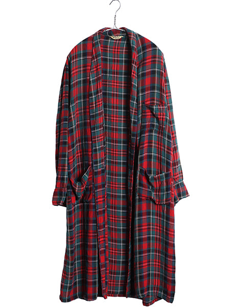 60s ビンテージ ■ CRESCENT ポケット付き チェック レーヨン ガウン メンズ L 古着 ヴィンテージ ローブ コート ロング丈 ルームウェア