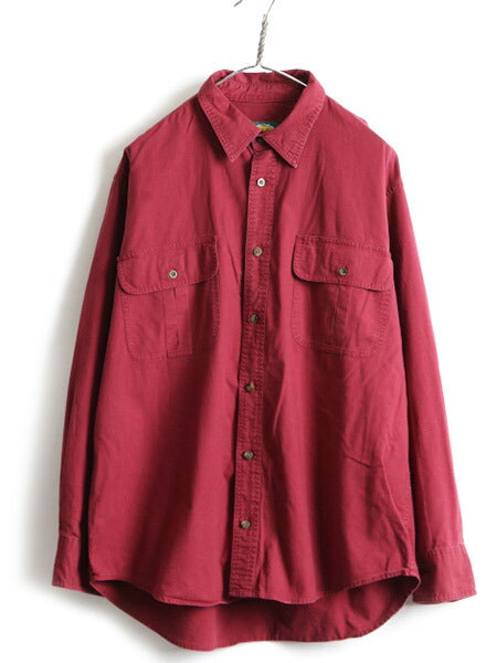 ■ Cabelas カベラス ポケット付き コットン 長袖 シャツ ( メンズ M ) 古着 長袖シャツ エルボーパッチ バーガンディ アウトドア 無地