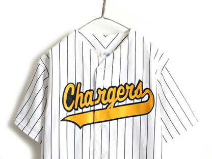90s USA製 ■ Majestic カレッジ Chargers ストライプ 半袖 ベースボール シャツ ( メンズ L ) 古着 90年代 ユニフォーム ゲームシャツ 白