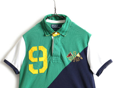希少サイズ S ■ POLO ポロ ラルフローレン 鹿の子 半袖 ポロシャツ ( メンズ ) 古着 半袖シャツ ラガーシャツ タイプ ラグビー 緑 紺 白