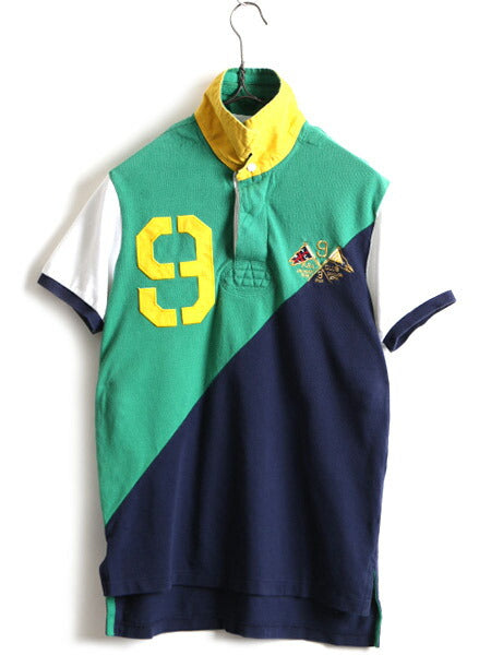 希少サイズ S ■ POLO ポロ ラルフローレン 鹿の子 半袖 ポロシャツ ( メンズ ) 古着 半袖シャツ ラガーシャツ タイプ ラグビー 緑 紺 白