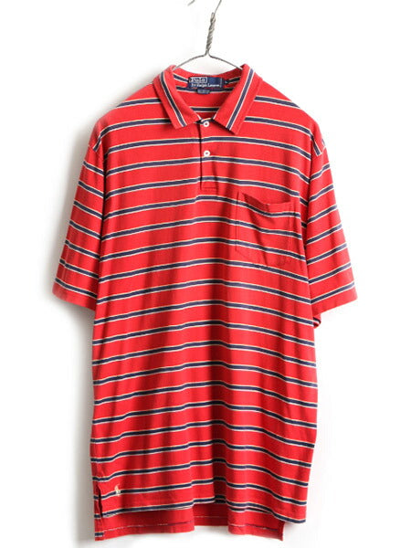 90s ビッグポロ ■ POLO ポロ ラルフローレン ボーダー 半袖 ポロシャツ ( メンズ L ) 古着 90年代 ポケット付き ワンポイント 半袖シャツ