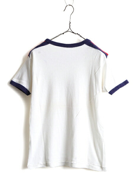70s ビンテージ ■ カナダ プリント 半袖 リンガー Tシャツ ( メンズ S 程) 古着 70年代 リブ編み 半袖Tシャツ プリントT ストレッチ 白 紺