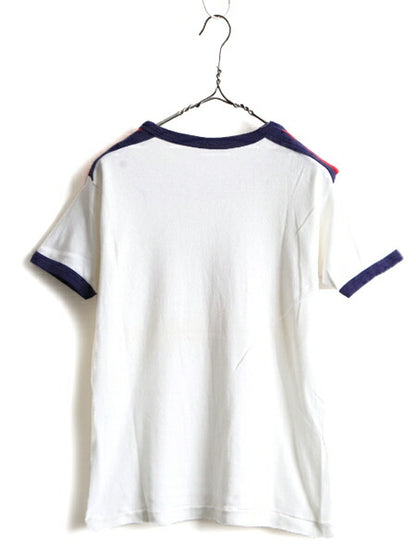 70s ビンテージ ■ カナダ プリント 半袖 リンガー Tシャツ ( メンズ S 程) 古着 70年代 リブ編み 半袖Tシャツ プリントT ストレッチ 白 紺