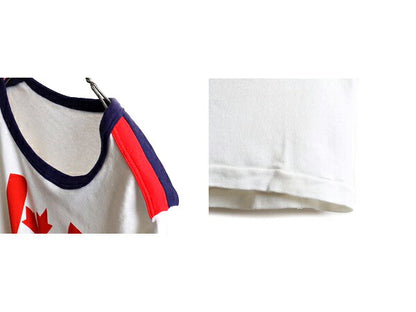 70s ビンテージ ■ カナダ プリント 半袖 リンガー Tシャツ ( メンズ S 程) 古着 70年代 リブ編み 半袖Tシャツ プリントT ストレッチ 白 紺