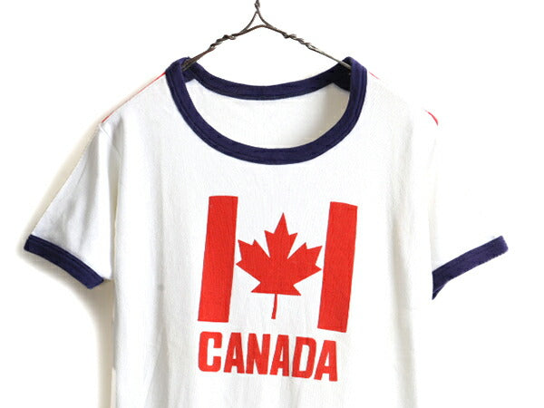 70s ビンテージ ■ カナダ プリント 半袖 リンガー Tシャツ ( メンズ S 程) 古着 70年代 リブ編み 半袖Tシャツ プリントT ストレッチ 白 紺