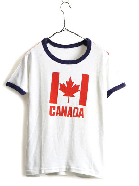 70s ビンテージ ■ カナダ プリント 半袖 リンガー Tシャツ ( メンズ S 程) 古着 70年代 リブ編み 半袖Tシャツ プリントT ストレッチ 白 紺