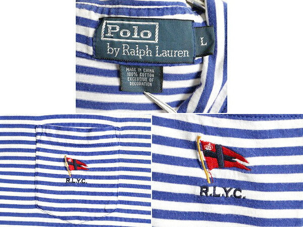 90s オールド ■ POLO ポロ ラルフローレン ポケット付き ボーダー 半袖 ポロシャツ ( メンズ L ) 古着 90年代 半袖シャツ RLYC フラッグ