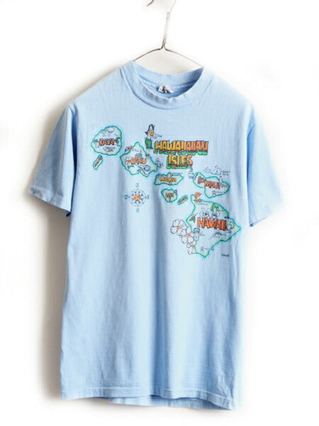 70s 80s USA製 ビンテージ ■ ハワイ マップ プリント 半袖 Tシャツ ( M  メンズ レディース ) 古着 HANES ヘインズ アロハ ハワイアン 青