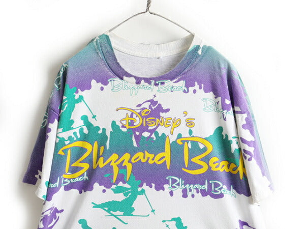 90s オールド ■ ディズニー ブリザード ビーチ 大判 プリント 半袖 Tシャツ ( メンズ レディース XL 程) 古着 90年代 Blizzard Beach 総柄