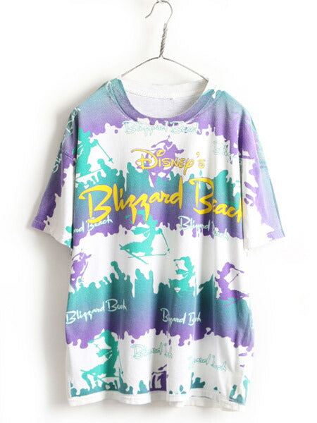 90s オールド ■ ディズニー ブリザード ビーチ 大判 プリント 半袖 Tシャツ ( メンズ レディース XL 程) 古着 90年代 Blizzard Beach 総柄