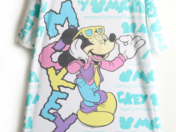 90s USA製 ■ ディズニー オフィシャル ミッキー マウス 総柄 プリント 半袖 Tシャツ ( メンズ レディース XL 程)古着 90年代 キャラクター