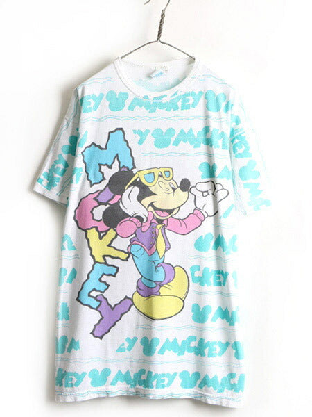90s USA製 ■ ディズニー オフィシャル ミッキー マウス 総柄 プリント 半袖 Tシャツ ( メンズ レディース XL 程)古着 90年代 キャラクター