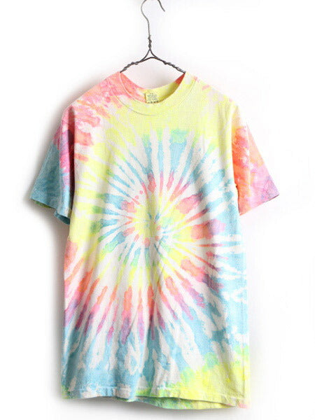 80s ビンテージ ■ 100% コットン タイダイ 染め 半袖 Tシャツ ( メンズ レディース M ) 古着 80年代 総柄 シングルステッチ マルチカラー