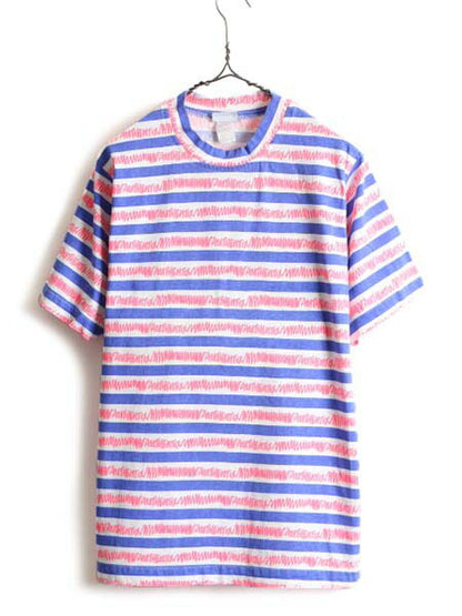デッドストック 90s 希少サイズ S ■ 総柄 ボーダー 半袖 Tシャツ 新品 メンズ レディース / 90年代 オールド ボーダーT シングルステッチ