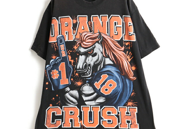00s 大きいサイズ XL 人気 黒 ■ NFL デンバー ブロンコス 大判 プリント 半袖 Tシャツ ( メンズ ) 古着 アメフト キャラクター オールド