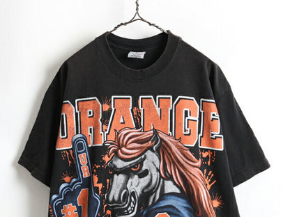 00s 大きいサイズ XL 人気 黒 ■ NFL デンバー ブロンコス 大判 プリント 半袖 Tシャツ ( メンズ ) 古着 アメフト キャラクター オールド