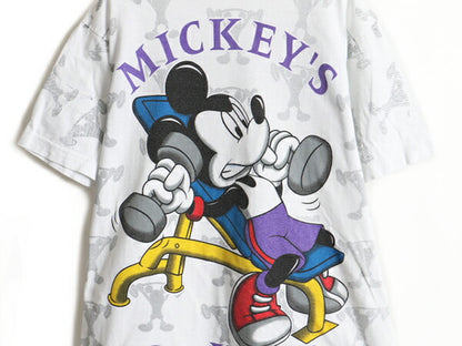 90s ■ ディズニー ミッキー マウス 総柄 プリント 半袖 Tシャツ ( メンズ レディース M 程) 90年代 オールド キャラクター 大判プリント