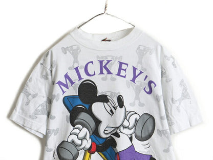 90s ■ ディズニー ミッキー マウス 総柄 プリント 半袖 Tシャツ ( メンズ レディース M 程) 90年代 オールド キャラクター 大判プリント