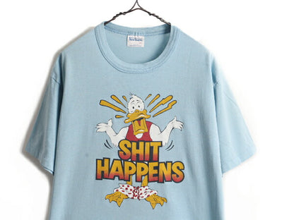 80s USA製 ■ キャラクター メッセージ プリント 半袖 Tシャツ ( XL メンズ レディース L 程) 古着 80年代 ビンテージ プリントT シャツ 青