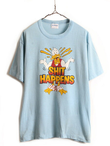 80s USA製 ■ キャラクター メッセージ プリント 半袖 Tシャツ ( XL メンズ レディース L 程) 古着 80年代 ビンテージ プリントT シャツ 青