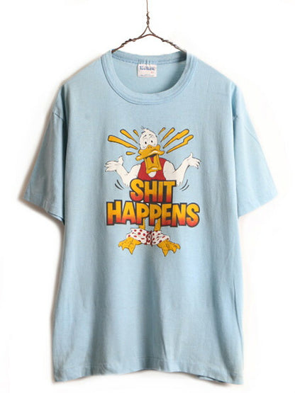 80s USA製 ■ キャラクター メッセージ プリント 半袖 Tシャツ ( XL メンズ レディース L 程) 古着 80年代 ビンテージ プリントT シャツ 青