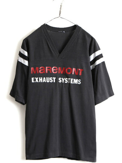 80s 人気 モノトーン ■ 企業 ロゴ プリント Vネック 半袖 フットボール Tシャツ ( メンズ M 程) 古着 80年代 ビンテージ プリントTシャツ