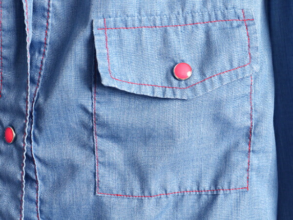 1点物 70s ビンテージ ■ ハンドステッチ 刺繍 長袖 シャンブレー ウエスタン シャツ ( レディース S 程) 古着 70年代 長袖シャツ 手縫い