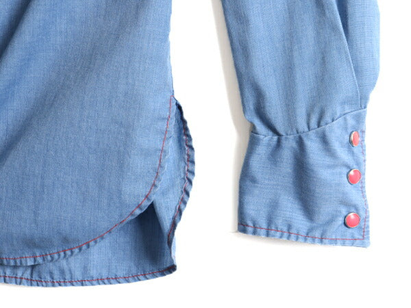 1点物 70s ビンテージ ■ ハンドステッチ 刺繍 長袖 シャンブレー ウエスタン シャツ ( レディース S 程) 古着 70年代 長袖シャツ 手縫い