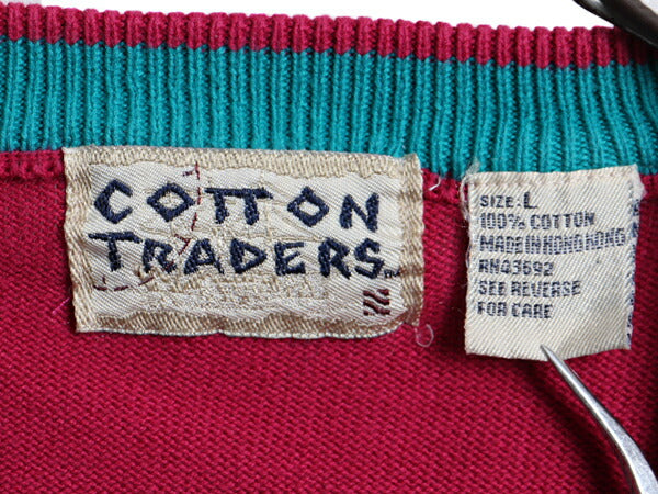 90s ■ COTTON TRADERS クレイジー パターン 長袖 コットン ニット セーター ( メンズ L )古着 90年代 オールド プルオーバー マルチカラー