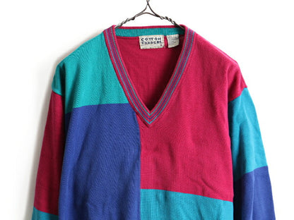 90s ■ COTTON TRADERS クレイジー パターン 長袖 コットン ニット セーター ( メンズ L )古着 90年代 オールド プルオーバー マルチカラー