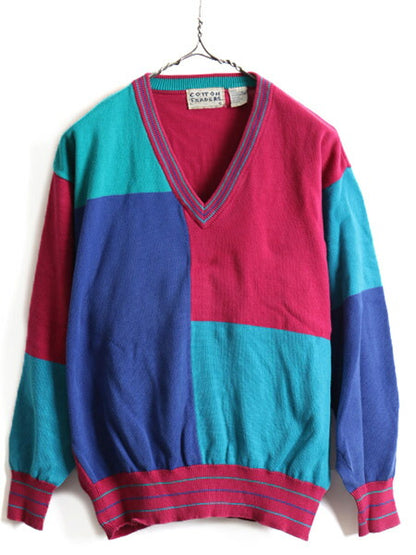 90s ■ COTTON TRADERS クレイジー パターン 長袖 コットン ニット セーター ( メンズ L )古着 90年代 オールド プルオーバー マルチカラー