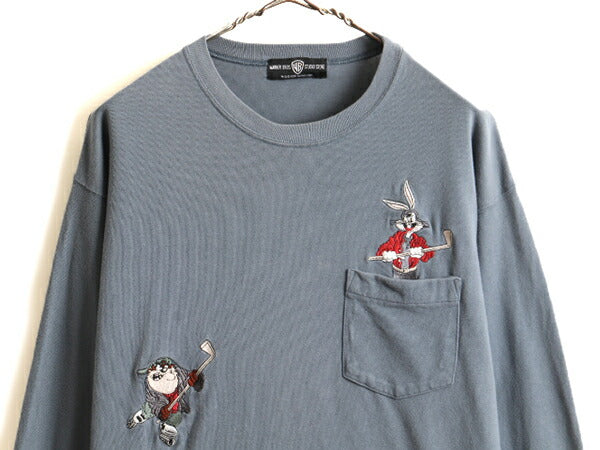 90s ■ ワーナー ルーニー テューンズ 刺繍 長袖 Tシャツ ( メンズ レディース M ) 古着 90年代 ポケット付き アニメ ロンT キャラクター