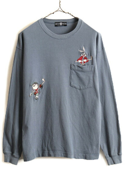 90s ■ ワーナー ルーニー テューンズ 刺繍 長袖 Tシャツ ( メンズ レディース M ) 古着 90年代 ポケット付き アニメ ロンT キャラクター