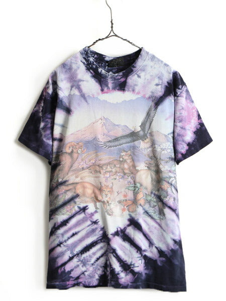 90s USA製 大きいサイズ XL ■ 両面 アニマル プリント タイダイ 半袖 Tシャツ ( メンズ ) 古着 90年代 オールド アート プリントTシャツ