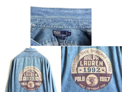 スペシャル 90s 希少サイズ S ■ POLO ポロ スポーツマン 1992 長袖 デニム シャツ ( メンズ ) 古着 90年代 ラルフローレン プリント RL-92