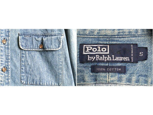 スペシャル 90s 希少サイズ S ■ POLO ポロ スポーツマン 1992 長袖 デニム シャツ ( メンズ ) 古着 90年代 ラルフローレン プリント RL-92