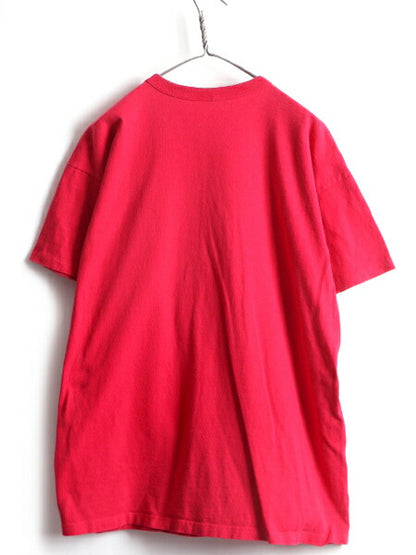 90s ■ チャンピオン ワンポイント ロゴ プリント 半袖 Tシャツ ( メンズ XL 程) 古着 Champion 90年代 オールド 目あり 目つき レッド 赤