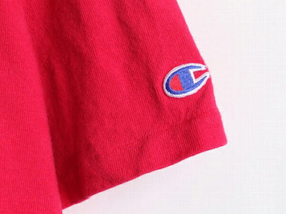 90s ■ チャンピオン ワンポイント ロゴ プリント 半袖 Tシャツ ( メンズ XL 程) 古着 Champion 90年代 オールド 目あり 目つき レッド 赤