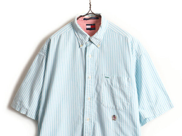 90s ■ トミーヒルフィガー オックスフォード ストライプ 半袖 ボタンダウン シャツ ( メンズ L ) 古着 オールド TOMMY HILFIGER 2トーン