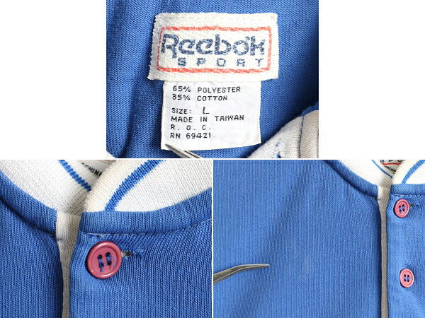 90s ■ リーボック 万国旗 ロゴ プリント ヘンリーネック 半袖 Tシャツ ( メンズ L ) 古着 90年代 オールド Reebok プリントT 2トーン 切替