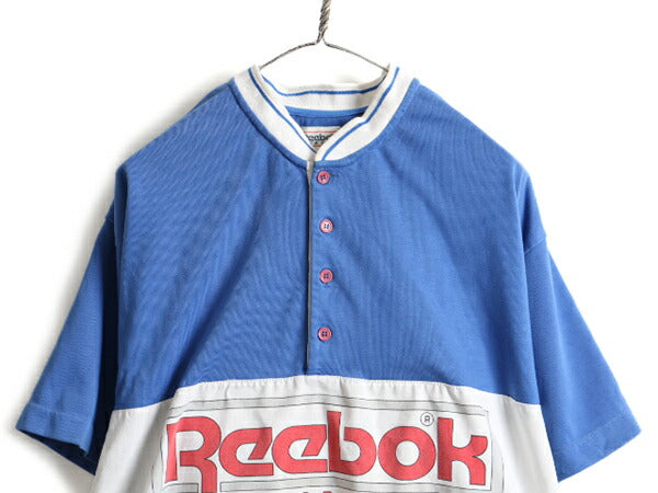 90s ■ リーボック 万国旗 ロゴ プリント ヘンリーネック 半袖 Tシャツ ( メンズ L ) 古着 90年代 オールド Reebok プリントT 2トーン 切替