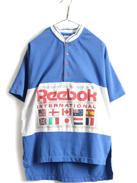90s ■ リーボック 万国旗 ロゴ プリント ヘンリーネック 半袖 Tシャツ ( メンズ L ) 古着 90年代 オールド Reebok プリントT 2トーン 切替