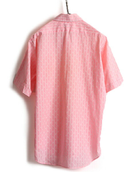 70s ビンテージ ■ WELLS&COVERLY 花柄 ストライプ 半袖 シャツ ( 16 メンズ L 程) 古着 70年代 半袖シャツ ポケット付き ピンク 2トーン