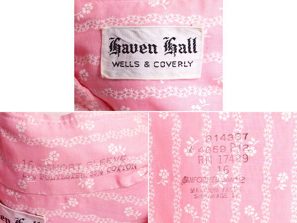 70s ビンテージ ■ WELLS&COVERLY 花柄 ストライプ 半袖 シャツ ( 16 メンズ L 程) 古着 70年代 半袖シャツ ポケット付き ピンク 2トーン
