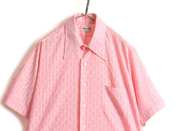 70s ビンテージ ■ WELLS&COVERLY 花柄 ストライプ 半袖 シャツ ( 16 メンズ L 程) 古着 70年代 半袖シャツ ポケット付き ピンク 2トーン