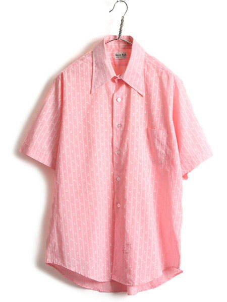 70s ビンテージ ■ WELLS&COVERLY 花柄 ストライプ 半袖 シャツ ( 16 メンズ L 程) 古着 70年代 半袖シャツ ポケット付き ピンク 2トーン